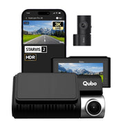 Qubo Car Dashcam Pro 3K featuring HDR and STARVIS 2 technology, showcasing dashboard and smartphone display.