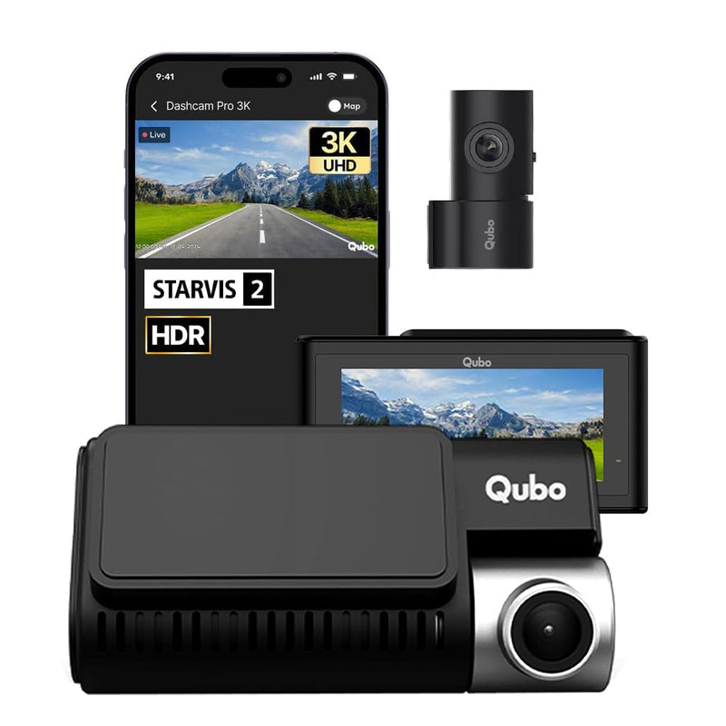 Qubo Car Dashcam Pro 3K featuring HDR and STARVIS 2 technology, showcasing dashboard and smartphone display.