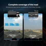 Qubo Car Dashcam Pro 3K showcases dual-channel recording with front and rear cameras on a highway.