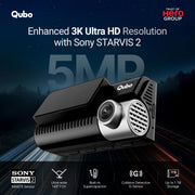 Qubo Car Dashcam Pro 3K featuring Sony STARVIS 2, 5MP, built-in G-sensor, and ultra-wide 140° FOV for enhanced safety.