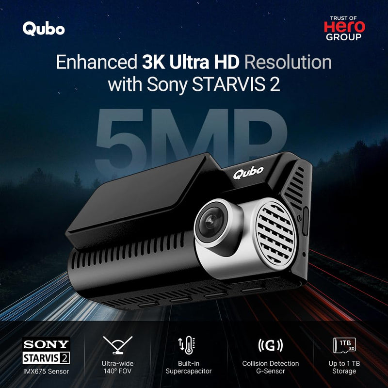 Qubo Car Dashcam Pro 3K featuring Sony STARVIS 2, 5MP, built-in G-sensor, and ultra-wide 140° FOV for enhanced safety.