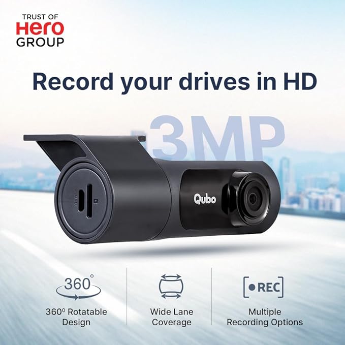 Qubo Car Dash Camera Pro X 3MP 1296p from Hero Group | Made in India | Super Capacitor| Wide Angle View | Emergency Recording | SD Card Upto 1TB Supported | Easy DIY Set Up | (Space Grey) - DASHCAM INSIDER.IN