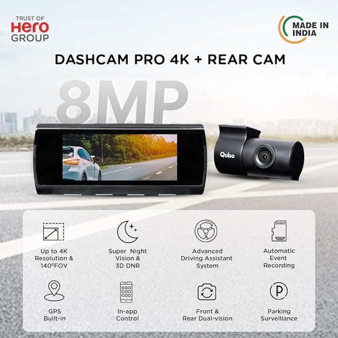 Qubo Car Dash Camera True 4K HDR 2160P UHD Dual Channel from Hero Group, SONY STARVIS IMX415 Sensor, Made in India, ADAS, Rear 1080P, GPS Log, 2.8" Display, 140° Wide Angle, Supports Up to 1TB SD Card - DASHCAM INSIDER.IN