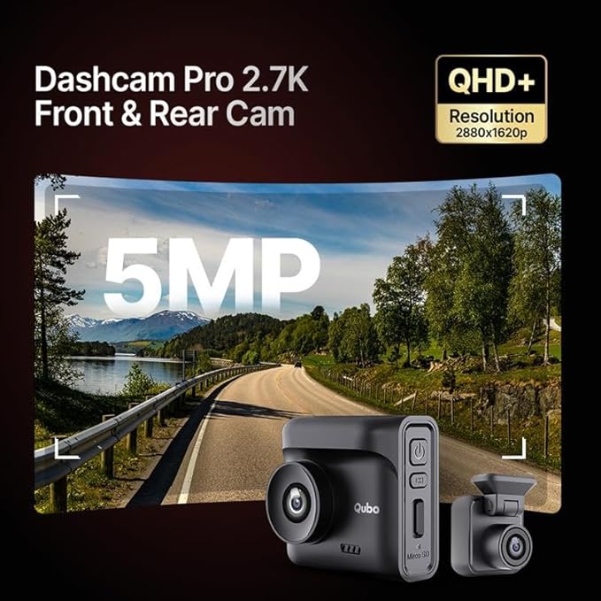 Qubo (New Launch) Car Dash Cam Pro 2.7K by Hero Group, HDR Dual Channel, Made in India, 2.7K 5MP Front QHD+ 2MP Rear FHD, 140° View, 2" LCD Display, GPS Log, Supports Up to 1 TB SD Card - DASHCAM INSIDER.IN